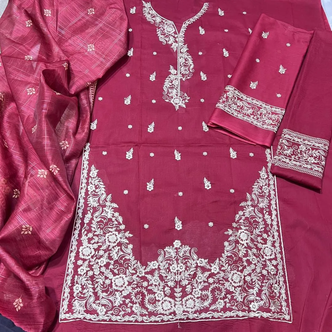 3 Pcs Women's Unstitched Embroidered Suit View Gallery - Pakistan