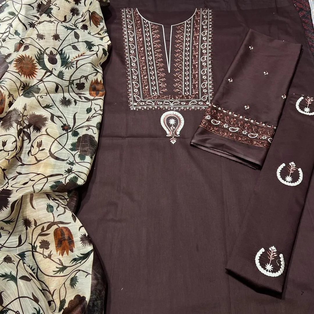 3 Pcs Women's Unstitched Embroidered Suit View Gallery - Pakistan
