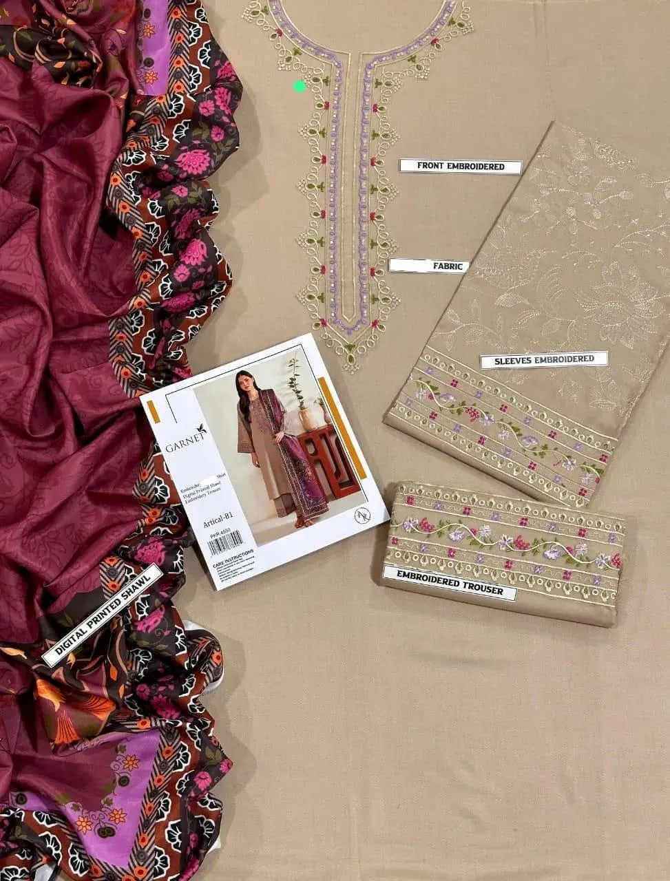 3 Pcs Women's Unstitched Embroidered Suit View Gallery - Pakistan