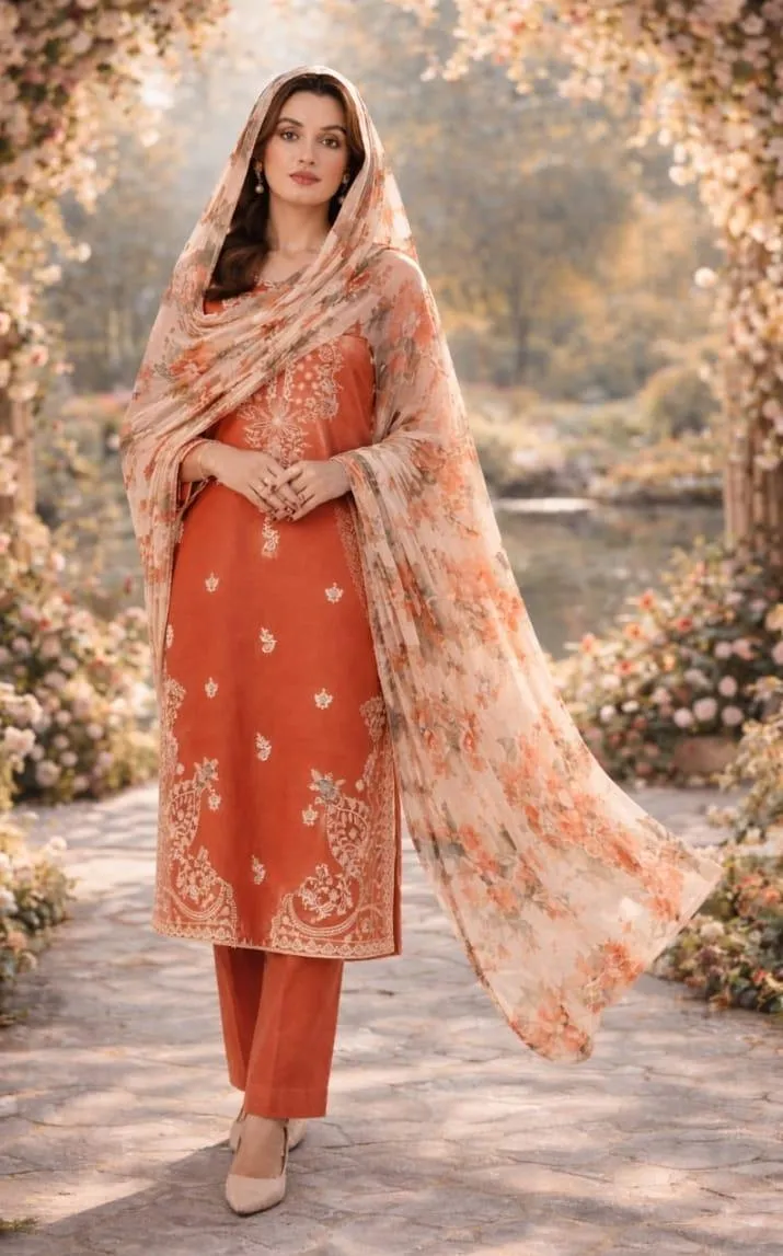3 Pcs Women's Unstitched Embroidered Suit View Gallery - Pakistan