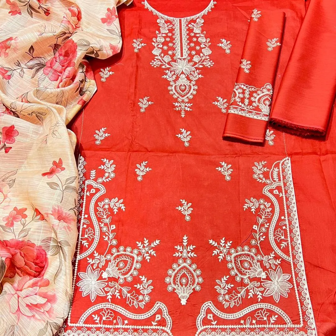 3 Pcs Women's Unstitched Embroidered Suit View Gallery - Pakistan