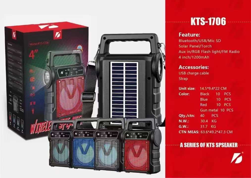 KTS-1706 Portable Solar Bluetooth Speaker with Flashlight &amp; FM Radio - Online Shopping Pakistan