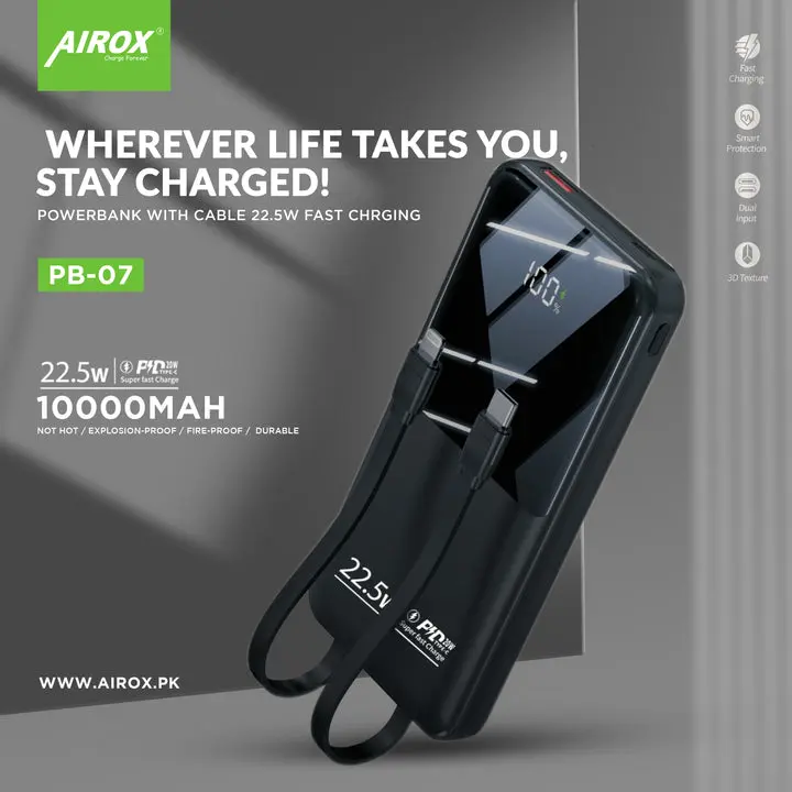 Airox PB07 10000 mAh Powerbank – 22.5 W Fast Charging View Gallery - Pakistan