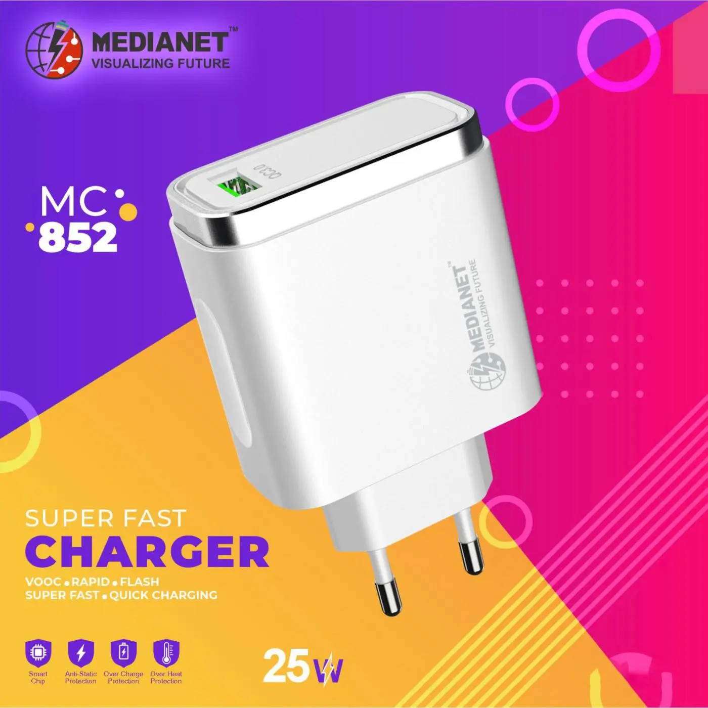 MEDIANET MC-852 25W Super Fast Charger Adapter View Gallery - Pakistan