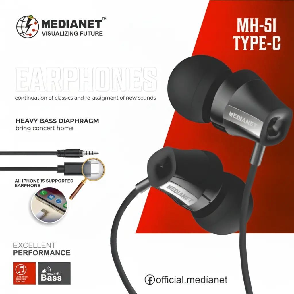 MEDIANET MH-51 Type-C Earphones | Heavy Bass & HD Mic View Gallery - Pakistan