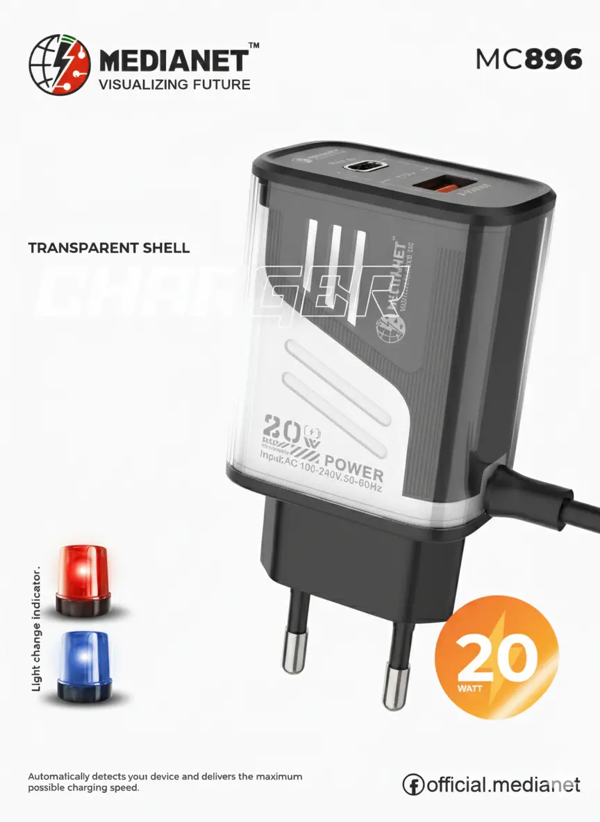 Medianet MC896 20W Transparent Fast Charger - USB Wall Adapter View Gallery - Pakistan