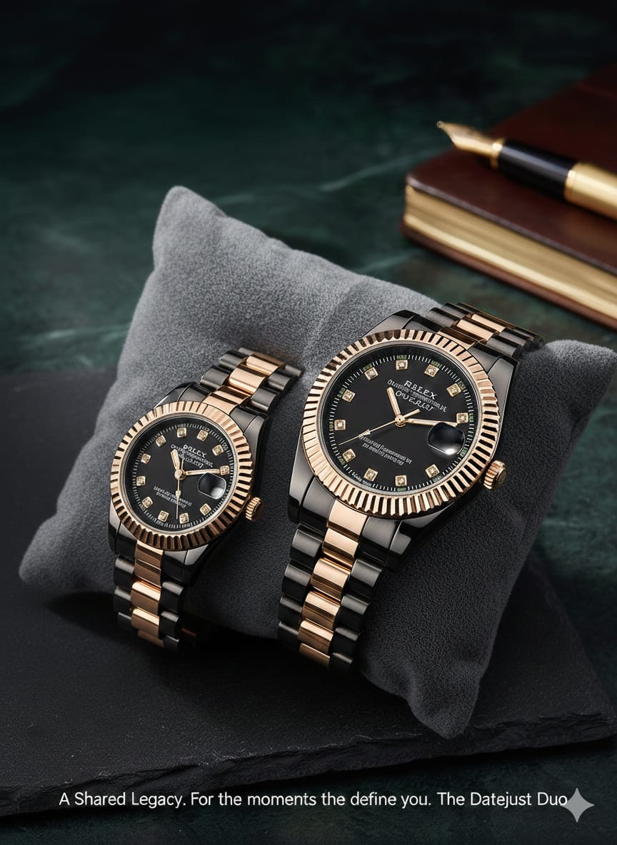 Premium Rolex Datejust Duo Couple Watch Set – Luxury Black & Rose Gold Edition - Online Shopping in Pakistan - BUNDLIV