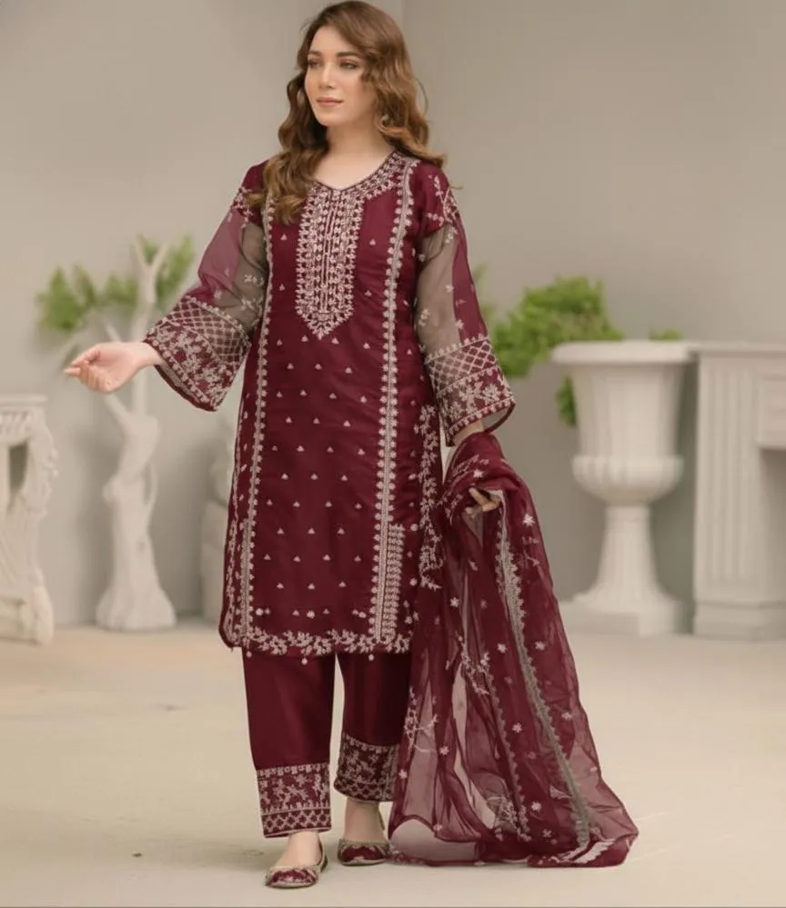 3 Pcs Women's Stitched Organza Embroidered Suit - Online Shopping Pakistan