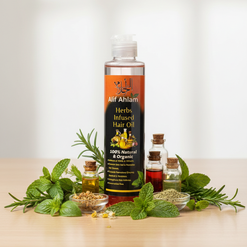 Alif Ahlam Pure Herbs Hair Oil | Natural Care & Hair Vitality | Wellness Boost Soft & Nourishing Formula | 150 ml View Gallery - Pakistan