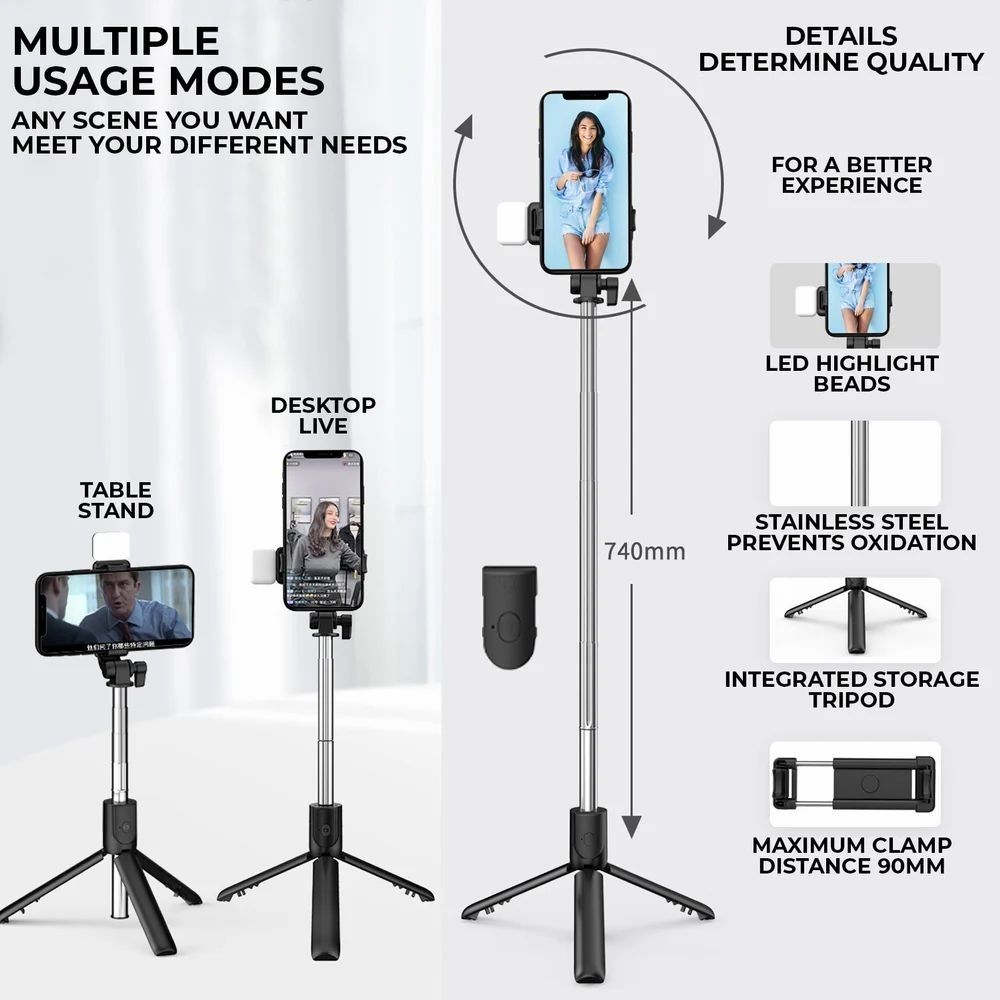 R1s Bluetooth Selfie Stick Tripod | With Remote & LED Light | Portable Phone Holder View Gallery - Pakistan