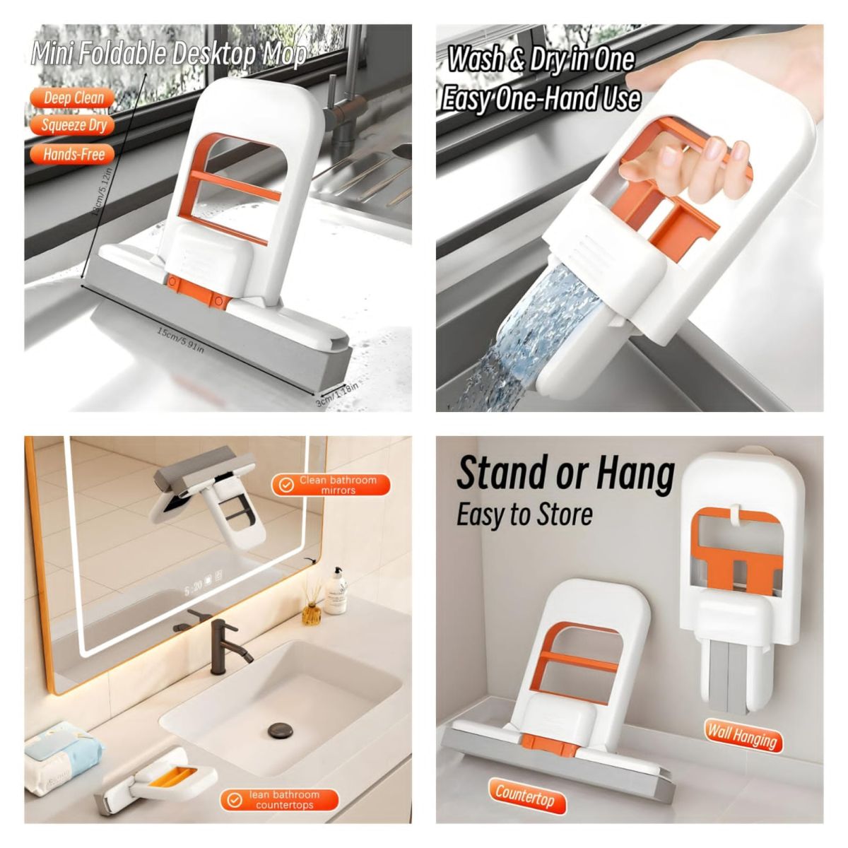 Foldable Desktop Mini Sponge Mop | Portable Wet &amp; Dry Cleaning | Self‑Squeezing Mop for Kitchen, Bathroom, Car &amp; Glass