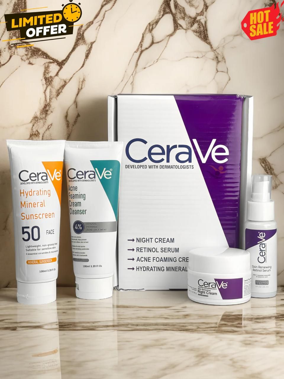 CeraVe Complete Skincare Combo Kit – Sunscreen SPF 50, Acne Cleanser, Retinol Serum &amp; Night Cream