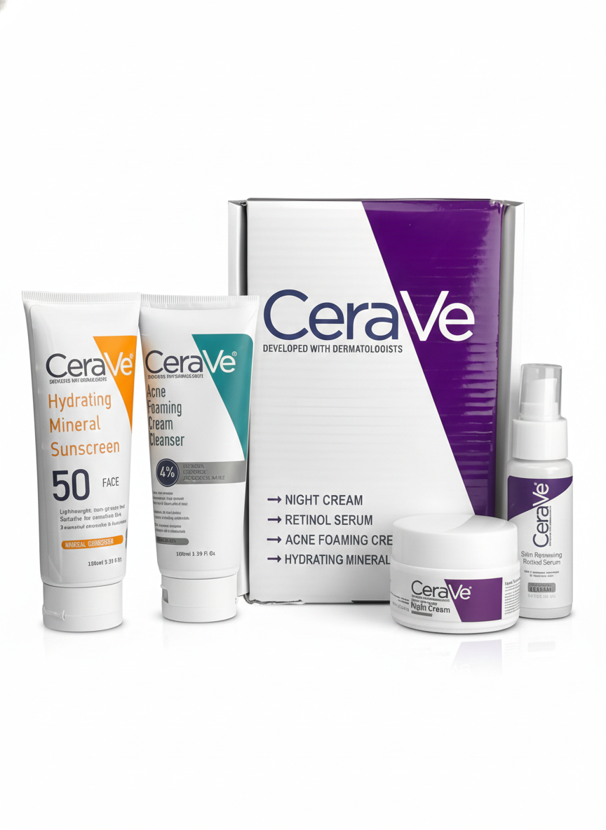 CeraVe Complete Skincare Combo Kit – Sunscreen SPF 50, Acne Cleanser, Retinol Serum & Night Cream View Gallery - Pakistan