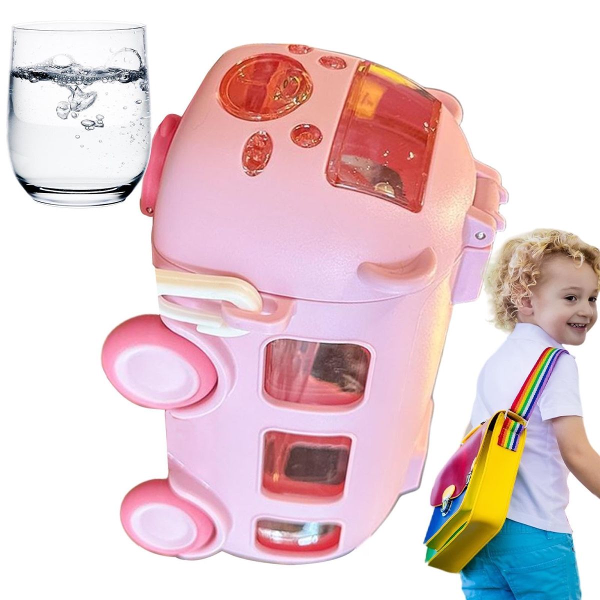 Imported 600ml Bus Water Bottle | Kids Cute Bus Shape | Strap, Sipper & Straw | Leakproof BPA Free (Random Colour) View Gallery - Pakistan