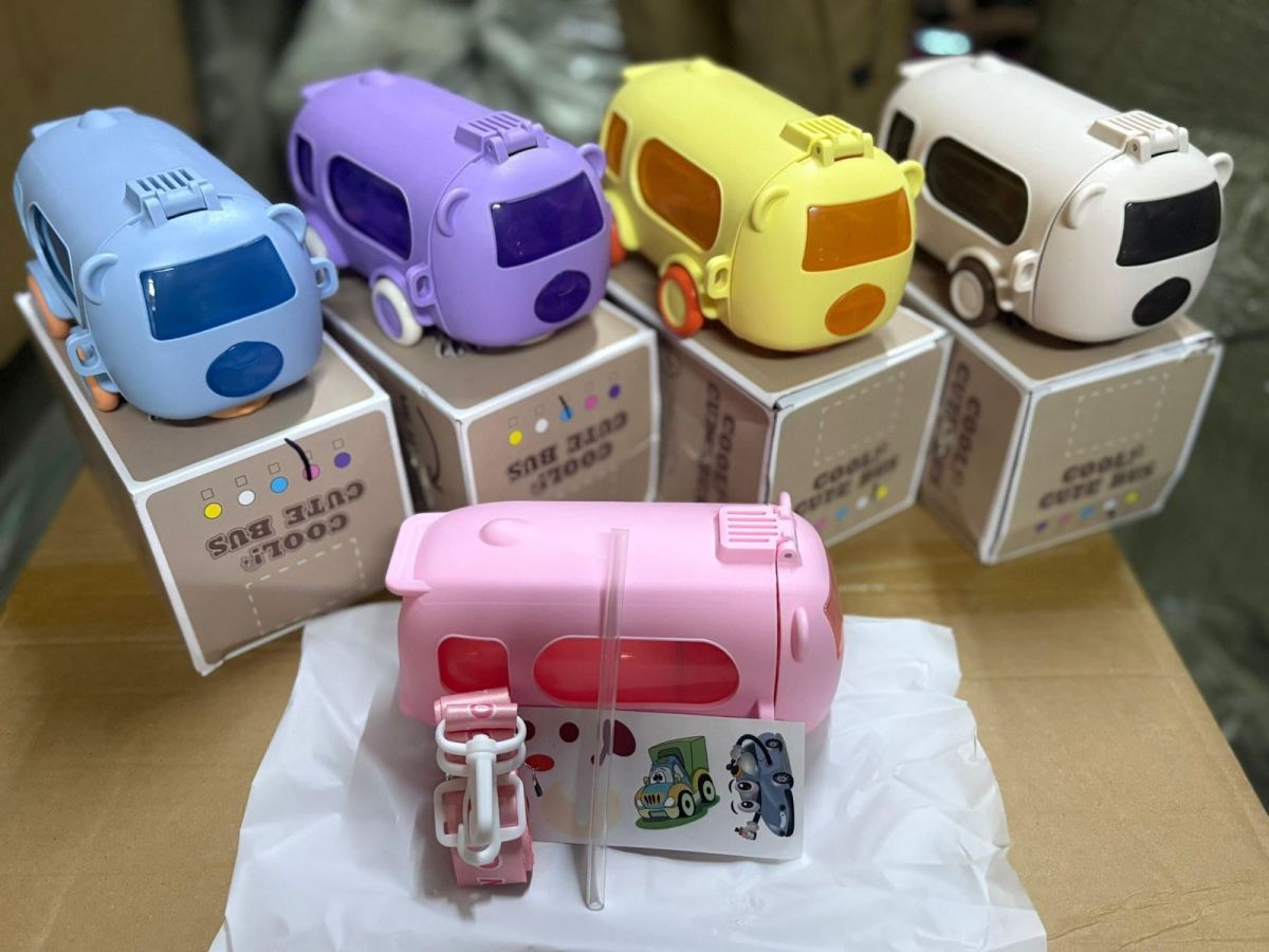 Imported 600ml Bus Water Bottle | Kids Cute Bus Shape | Strap, Sipper & Straw | Leakproof BPA Free (Random Colour) View Gallery - Pakistan