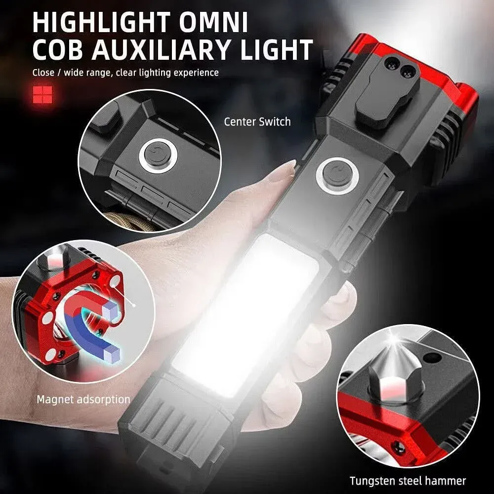High Power LED Torch Light Rechargeable Flashlight With Tactical Hammer And Power Bank Providing Strong Brightness (Random Color) View Gallery - Pakistan