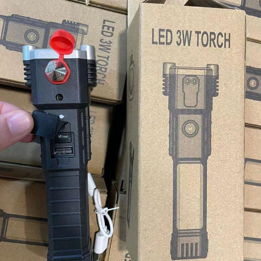 High Power LED Torch Light Rechargeable Flashlight With Tactical Hammer And Power Bank Providing Strong Brightness (Random Color) View Gallery - Pakistan