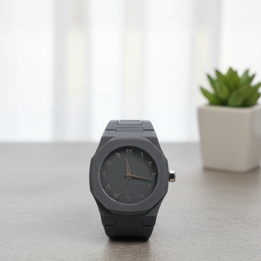 Elegant Minimalist Watch with Eastern Arabic Numerals & Integrated Octagonal Bezel Case - Modern Architectural Style Unisex Timepiece ( Without box ) View Gallery - Pakistan