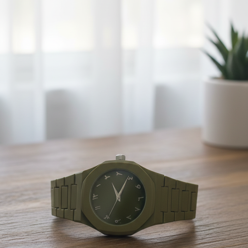 Elegant Minimalist Watch with Eastern Arabic Numerals & Integrated Octagonal Bezel Case - Modern Architectural Style Unisex Timepiece ( Without box ) View Gallery - Pakistan