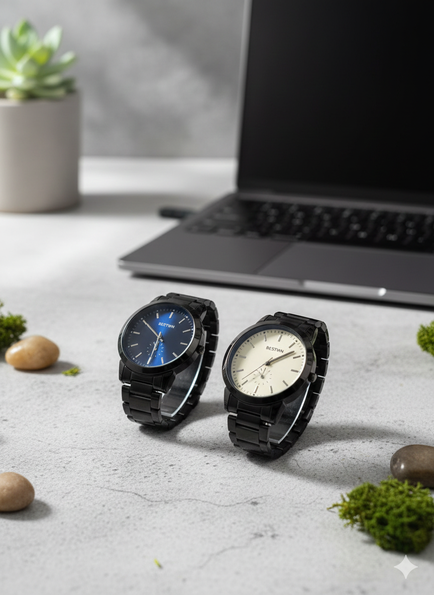 BESTWIN Minimalist Matte Black Link Bracelet Watch - Premium Sunray Blue & Cream Dials - Precision Quartz Movement for Modern Professionals View Gallery - Pakistan