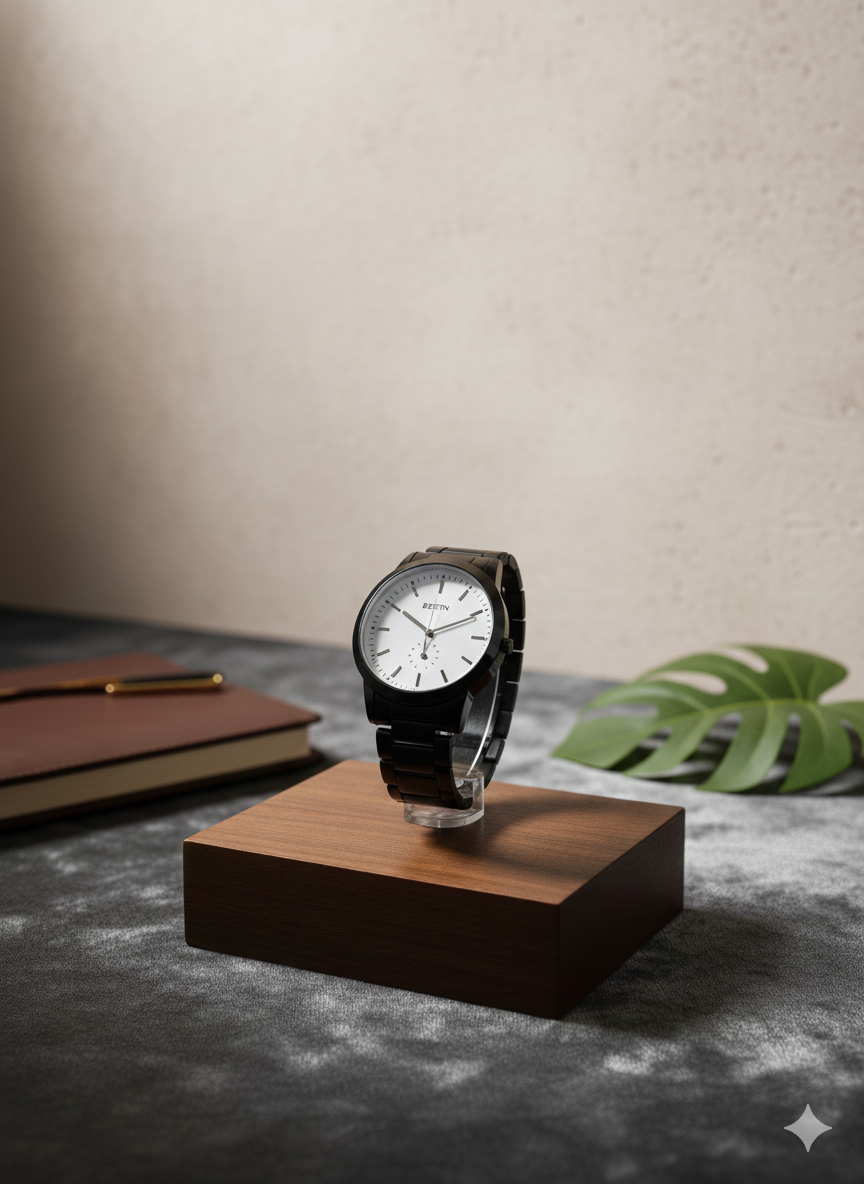 BESTWIN Minimalist Matte Black Link Bracelet Watch - Premium Sunray Blue & Cream Dials - Precision Quartz Movement for Modern Professionals View Gallery - Pakistan