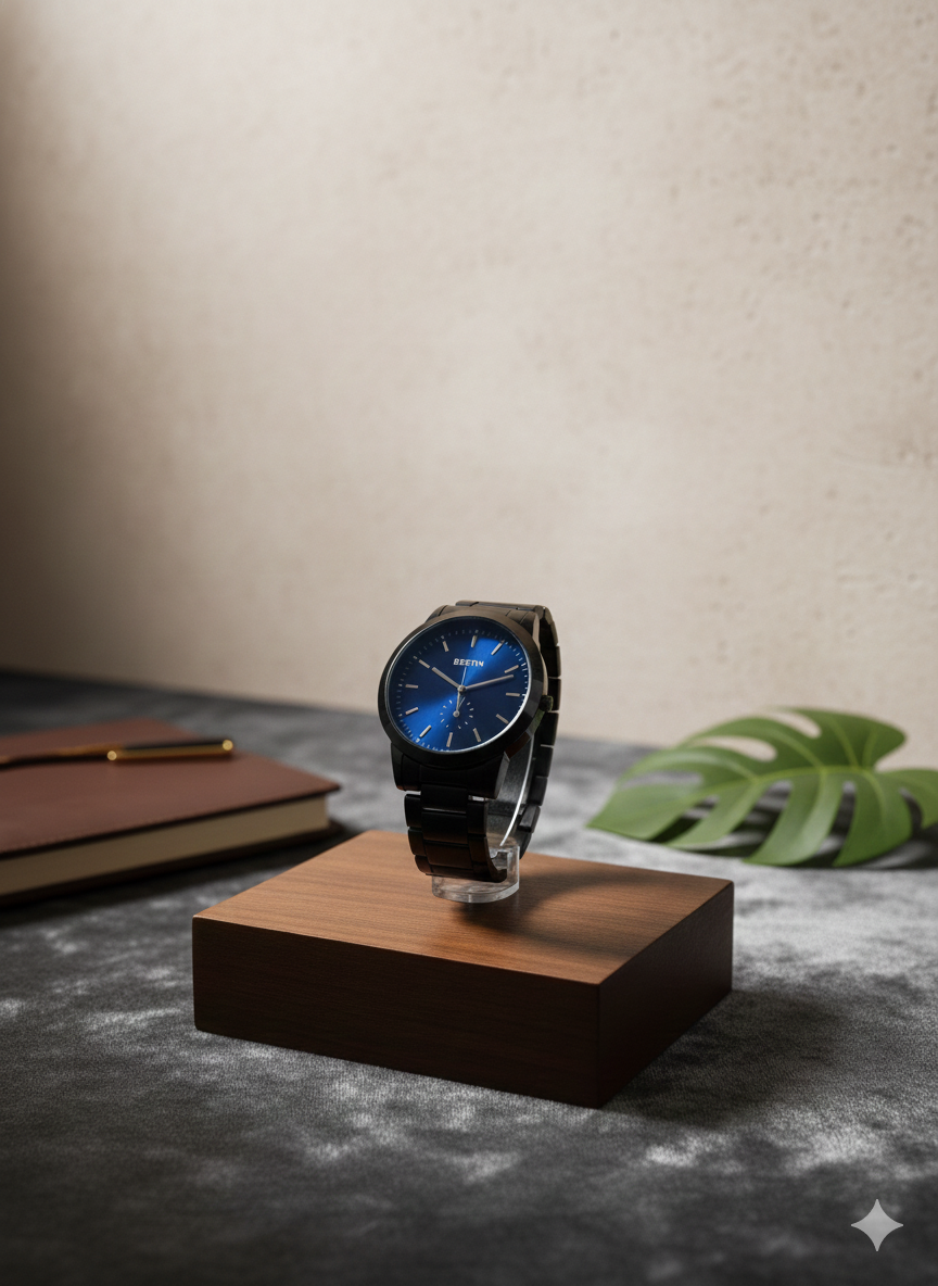 BESTWIN Minimalist Matte Black Link Bracelet Watch - Premium Sunray Blue & Cream Dials - Precision Quartz Movement for Modern Professionals View Gallery - Pakistan