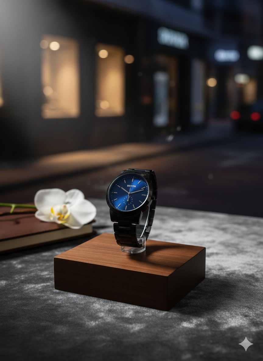 BESTWIN Minimalist Matte Black Link Bracelet Watch - Premium Sunray Blue & Cream Dials - Precision Quartz Movement for Modern Professionals View Gallery - Pakistan