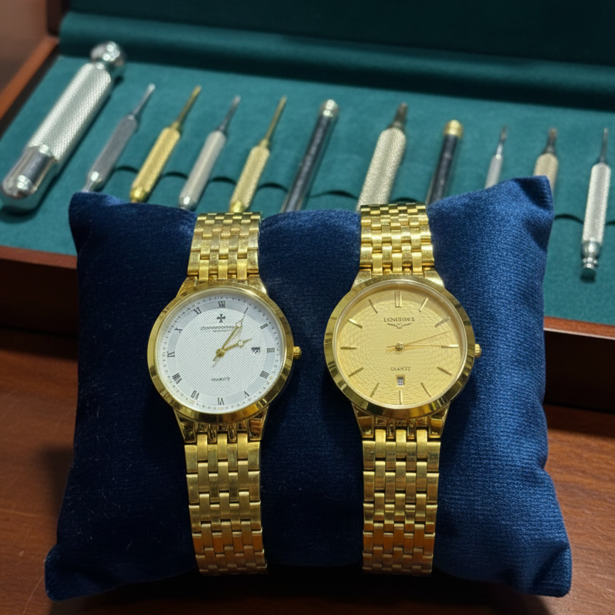 Classic Gold-Plated Men's Quartz Watch - Luxury Inspired Vacheron &amp; Longines Style Dress Watches with Date Display &amp; Link Bracelet (Without Box)