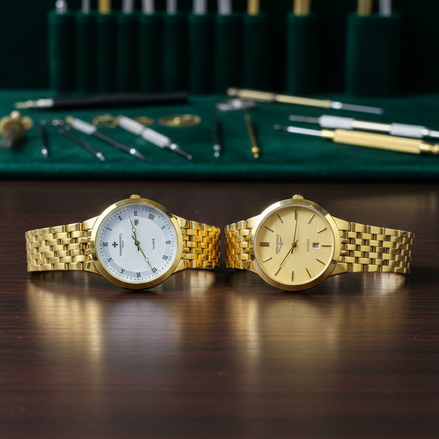 Classic Gold-Plated Men's Quartz Watch - Luxury Inspired Vacheron & Longines Style Dress Watches with Date Display & Link Bracelet (Without Box) View Gallery - Pakistan