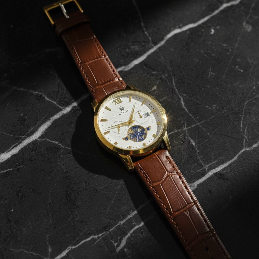 Luxury Men's Skeleton Watch - Gold Tone Case with Open-Heart Movement & Embossed Leather Strap - Classic Business Analog Wristwatch (1 Pc) View Gallery - Pakistan