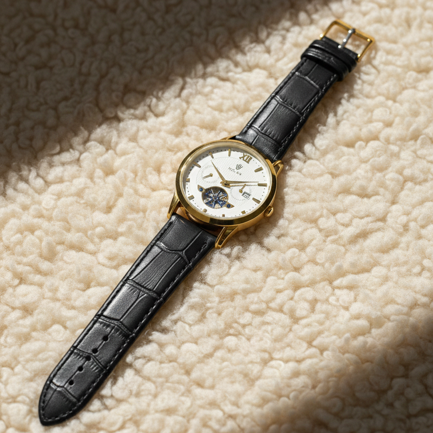 Luxury Men's Skeleton Watch - Gold Tone Case with Open-Heart Movement & Embossed Leather Strap - Classic Business Analog Wristwatch (1 Pc) View Gallery - Pakistan