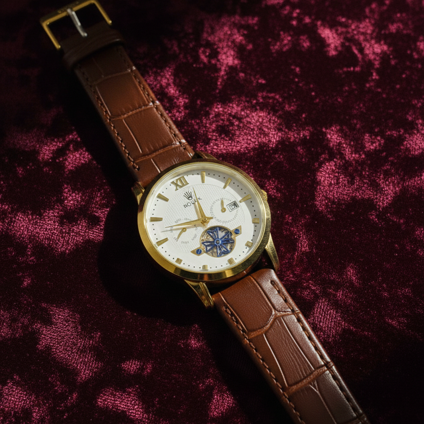 Luxury Men's Skeleton Watch - Gold Tone Case with Open-Heart Movement & Embossed Leather Strap - Classic Business Analog Wristwatch (1 Pc) View Gallery - Pakistan