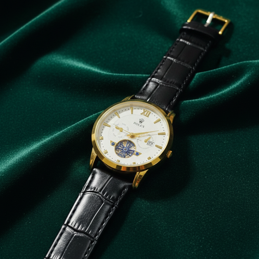 Luxury Men's Skeleton Watch - Gold Tone Case with Open-Heart Movement & Embossed Leather Strap - Classic Business Analog Wristwatch (1 Pc) View Gallery - Pakistan
