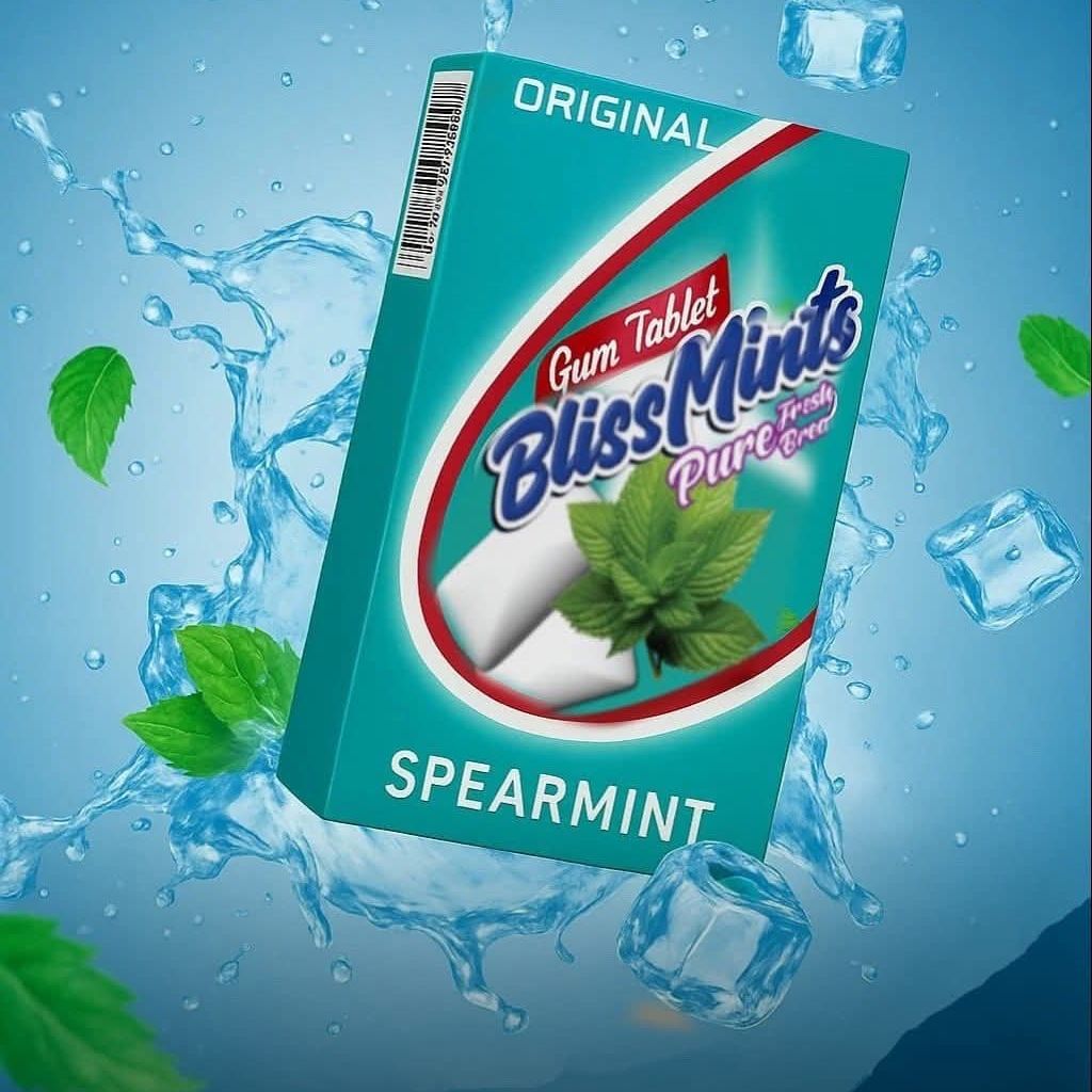 BlissMints Gum Tablets - Assorted Fruit &amp; Spearmint Flavors | 12-Piece Pack for Fresh Breath | Banana, Mango, Strawberry