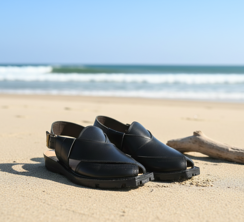 Premium Handcrafted Black Leather Peshawari Chappal - Traditional Kaptaan Design with Durable Tyre Sole and Adjustable Backstrap for Men View Gallery - Pakistan