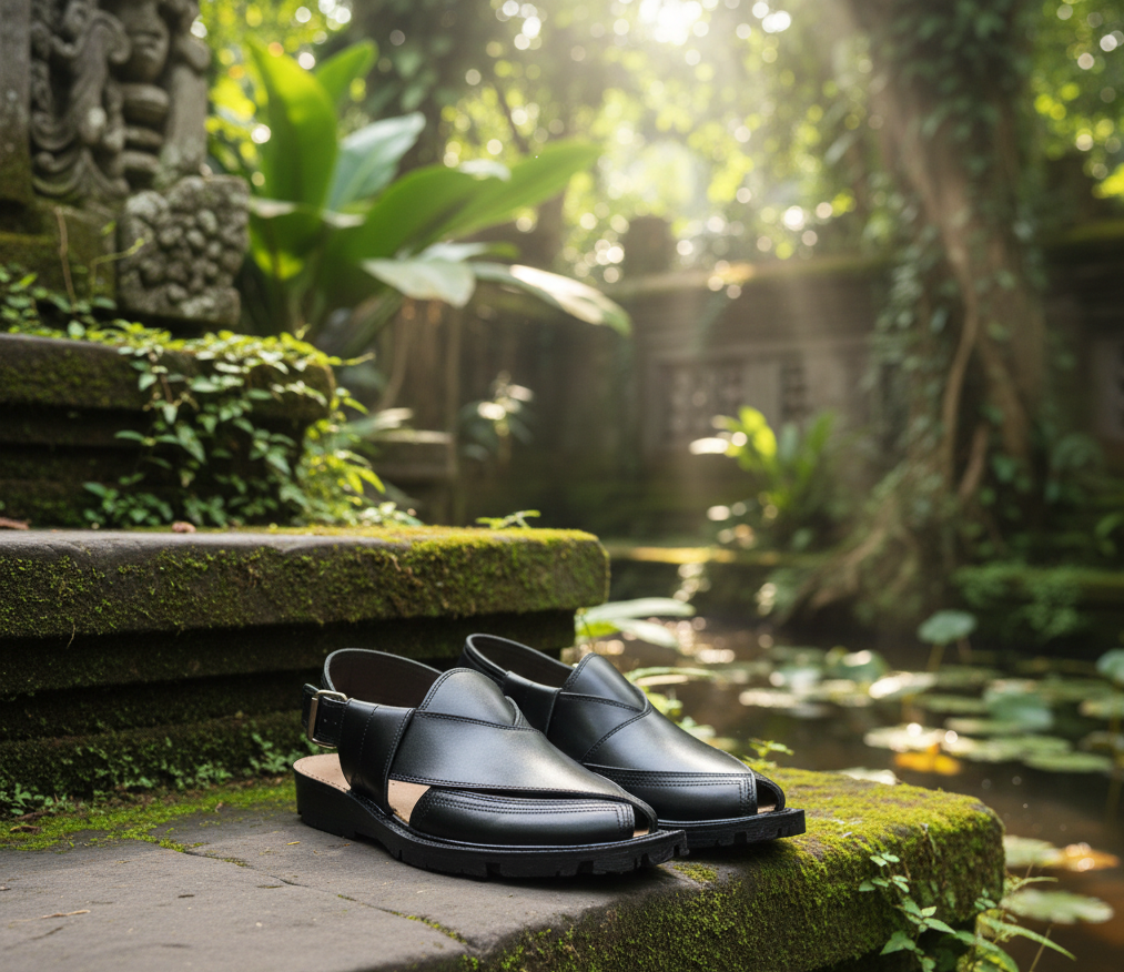 Premium Handcrafted Black Leather Peshawari Chappal - Traditional Kaptaan Design with Durable Tyre Sole and Adjustable Backstrap for Men View Gallery - Pakistan