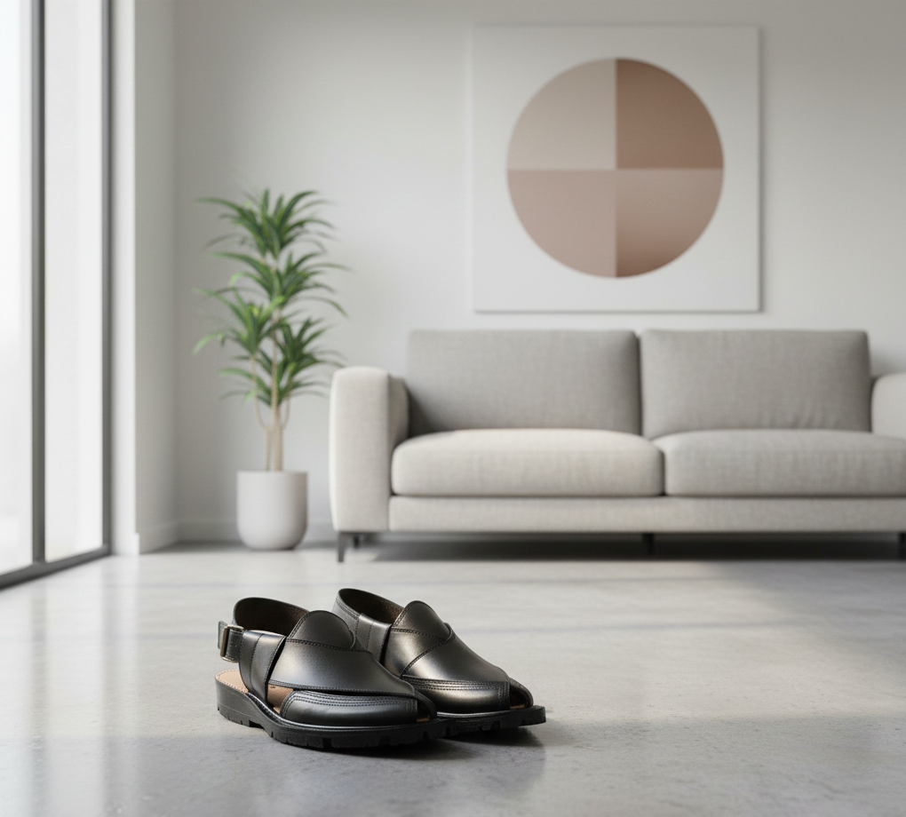 Premium Handcrafted Black Leather Peshawari Chappal - Traditional Kaptaan Design with Durable Tyre Sole and Adjustable Backstrap for Men View Gallery - Pakistan