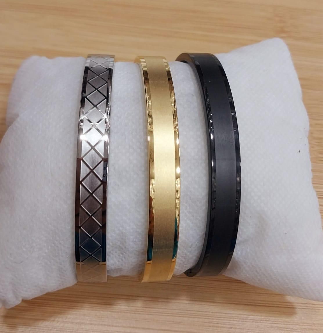 Premium Unisex Geometric Bangle Collection - 18K Gold, Silver &amp; Matte Black Stainless Steel Cuffs with Mixed Textures &amp; Engraved Designs
