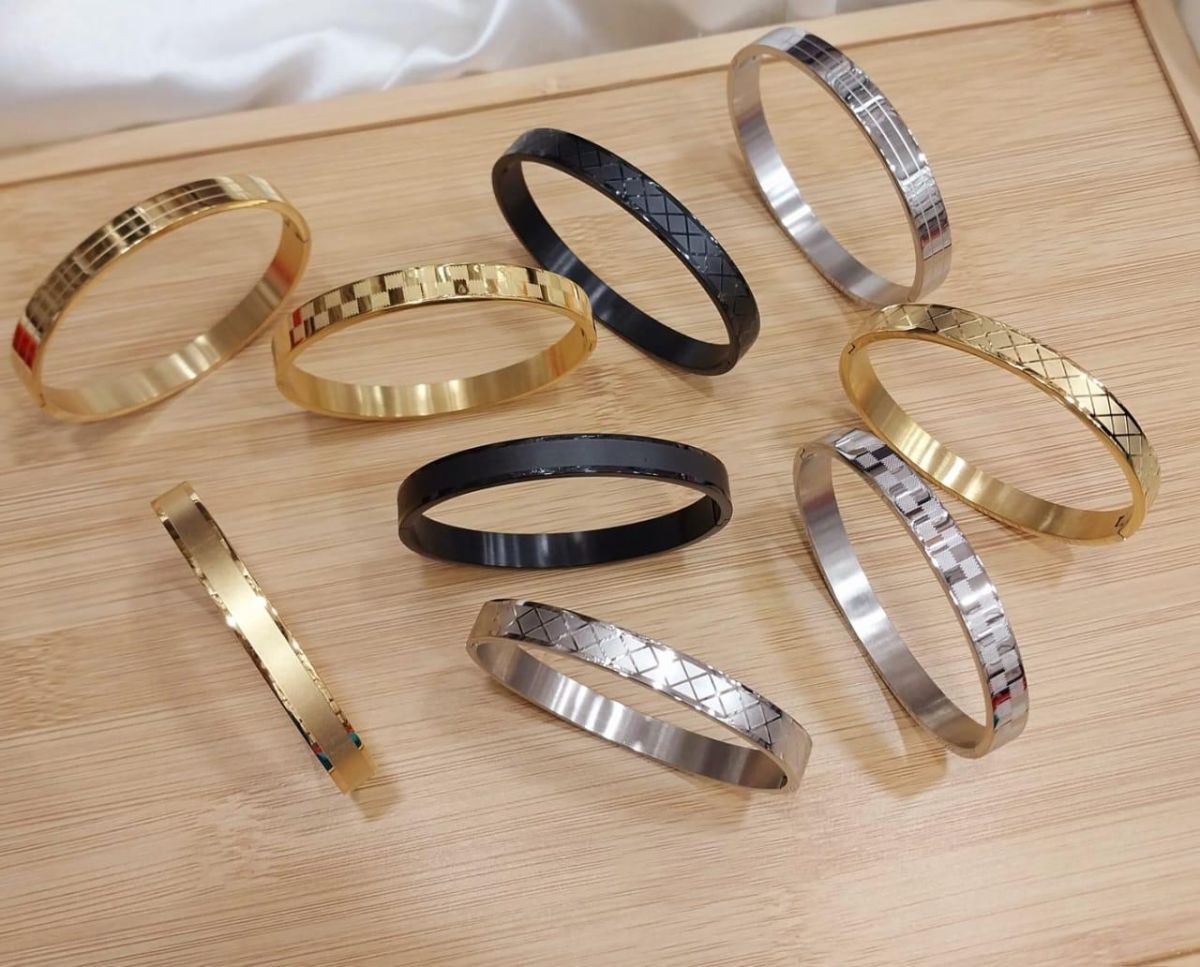 Premium Unisex Geometric Bangle Collection - 18K Gold, Silver & Matte Black Stainless Steel Cuffs with Mixed Textures & Engraved Designs View Gallery - Pakistan