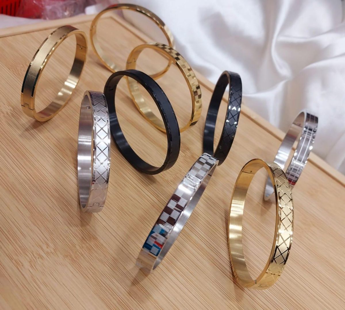 Premium Unisex Geometric Bangle Collection - 18K Gold, Silver & Matte Black Stainless Steel Cuffs with Mixed Textures & Engraved Designs View Gallery - Pakistan