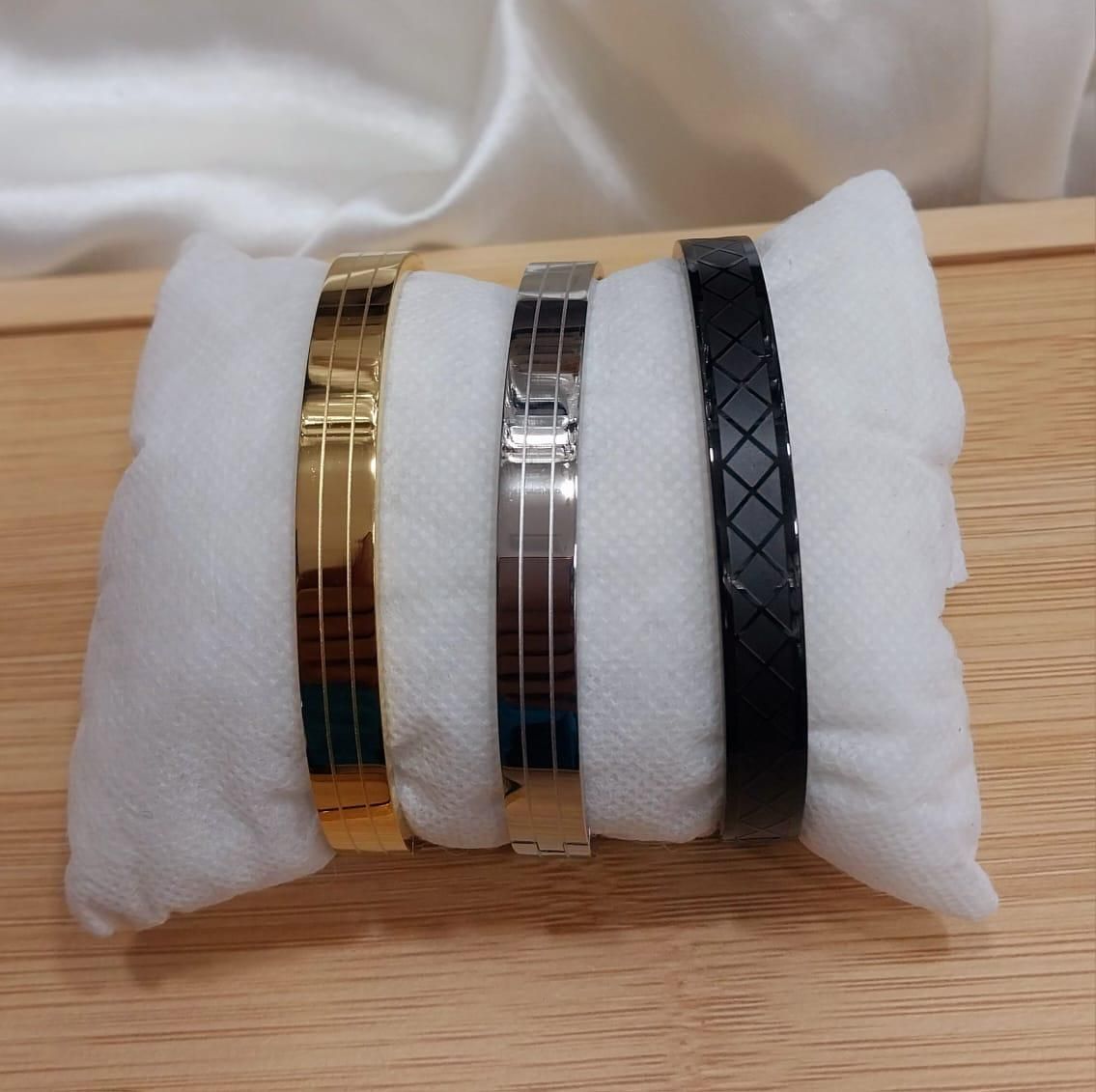Premium Unisex Geometric Bangle Collection - 18K Gold, Silver & Matte Black Stainless Steel Cuffs with Mixed Textures & Engraved Designs View Gallery - Pakistan