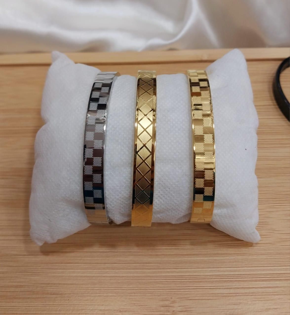 Premium Unisex Geometric Bangle Collection - 18K Gold, Silver & Matte Black Stainless Steel Cuffs with Mixed Textures & Engraved Designs View Gallery - Pakistan