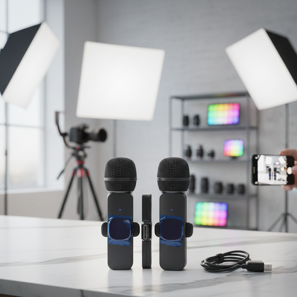 K8 Dual Wireless Lavalier Microphone for iPhone & Android, Plug-and-Play Noise Reduction Mic for Vlogging, YouTube, Live Stream View Gallery - Pakistan
