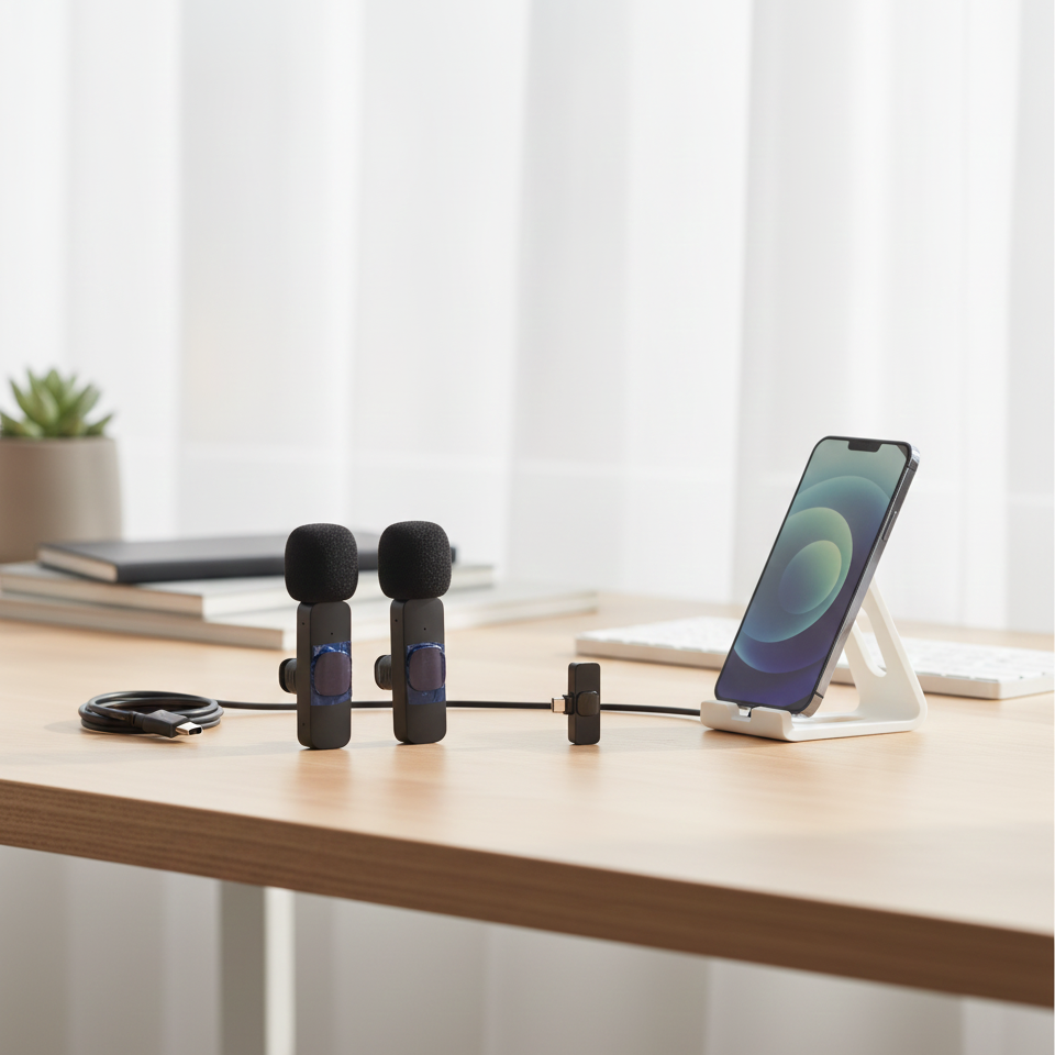 K8 Dual Wireless Lavalier Microphone for iPhone & Android, Plug-and-Play Noise Reduction Mic for Vlogging, YouTube, Live Stream View Gallery - Pakistan