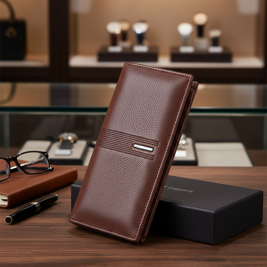 Leather Long Wallet for Men | Slim PU Leather | Money, Mobile & Card Holder | Brown View Gallery - Pakistan