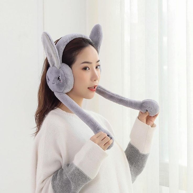 Soft Fluffy Rabbit Ears Headband | Moving Ears Plush Earmuffs | Warm & Cozy – 1Pc Random Colour View Gallery - Pakistan