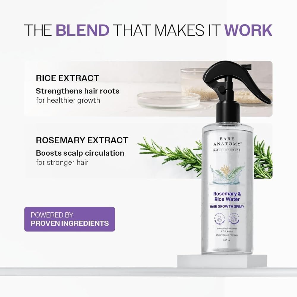 Bare Anatomy Rosemary & Rice Water Hair Growth Spray - 200ml | Boosts Thickness & Strength | Water-Based, Alcohol & Sulphate Free Formula View Gallery - Pakistan