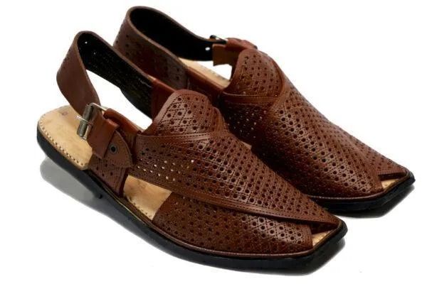 Handcrafted Men’s Peshawari Chappal – Classic Brown Perforated Leather Sandals with Adjustable Buckle Strap & Durable Rubber Sole View Gallery - Pakistan