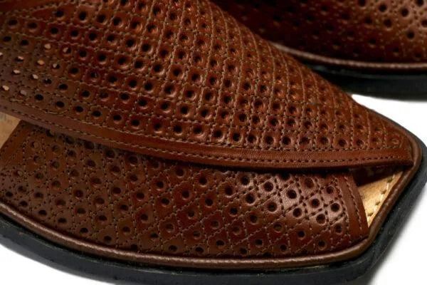 Handcrafted Men’s Peshawari Chappal – Classic Brown Perforated Leather Sandals with Adjustable Buckle Strap & Durable Rubber Sole View Gallery - Pakistan