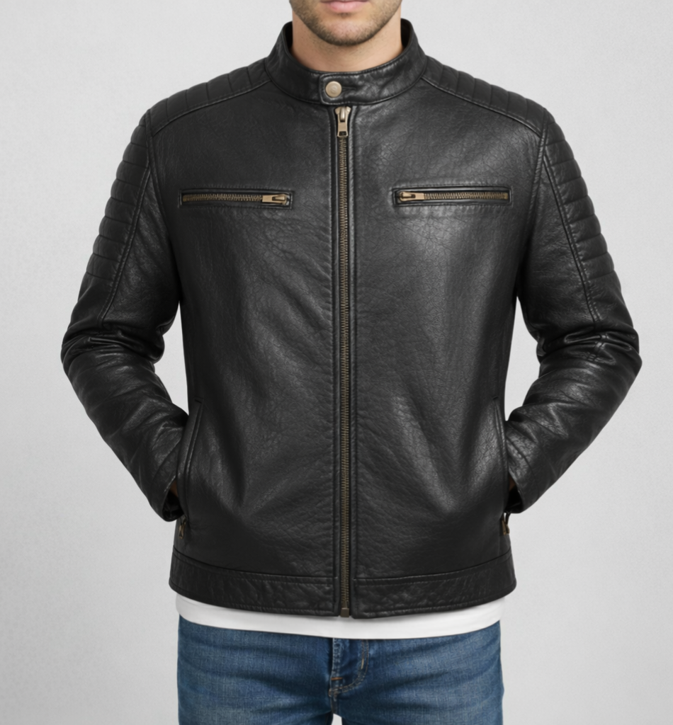 Men’s Premium Black Genuine Leather Biker Jacket – Quilted Shoulder, Zippered Pockets, Modern Fit View Gallery - Pakistan